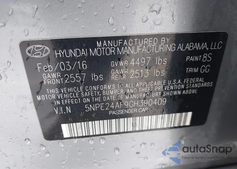 2016 Hyundai Sonata z USA, uszkodzony, nr VIN 5NPE24AF9GH390409